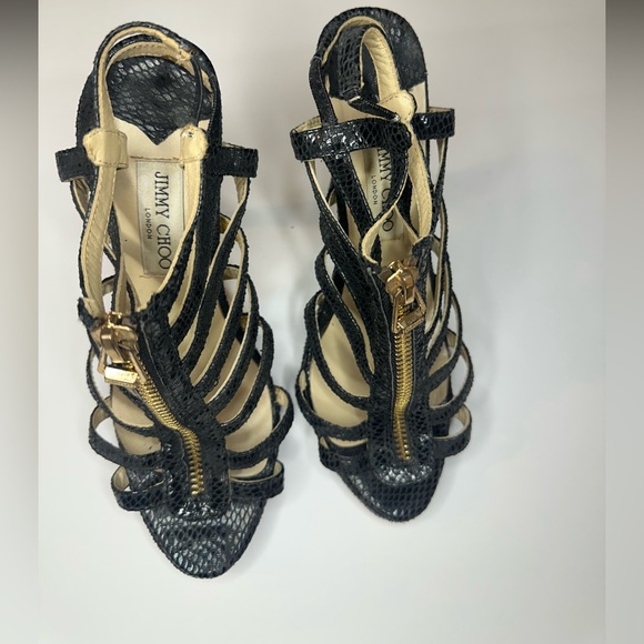 Jimmy Choo Black Glenys Caged Strappy Heels with Gold Accents - Picture 2 of 8
